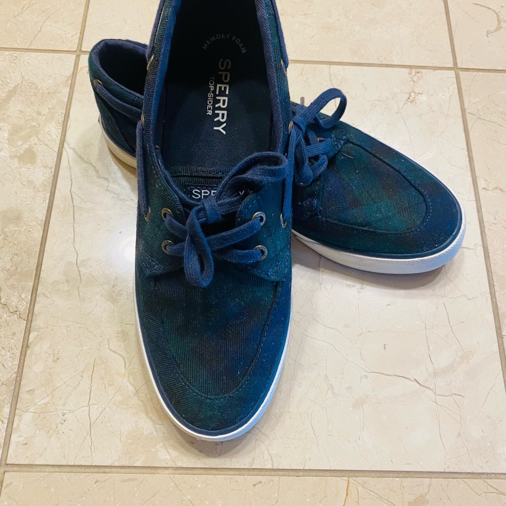 Sperry Blue & Green Canvas Top Siders, sz 8.5